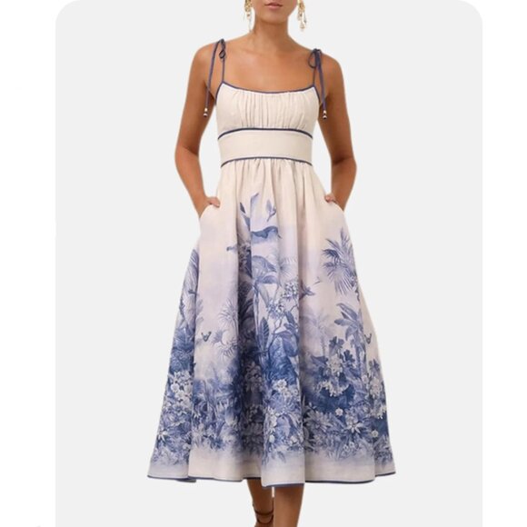 Zimmermann Women's Blue/Ivory Printed Linen Maxi Dress - Picture 1 of 15